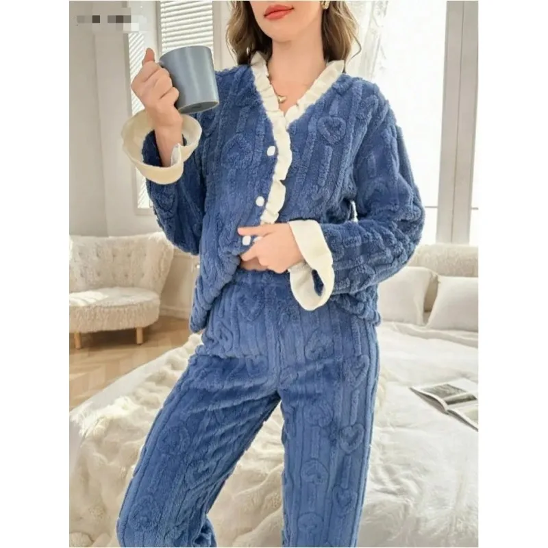 

Новинка осени и зимы 202, пижамный костюм, теплая фланелевая одежда для сна для женщин, коралловый бархатный костюм для девочек, домашняя одежда, кардиган, брюки