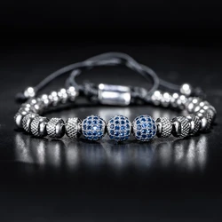 Luxury Men Bracelets  Pave Setting Blue CZ Beads 6mm Stainless Steel Round Beads Braiding Friendship Bracelets Dropshipping