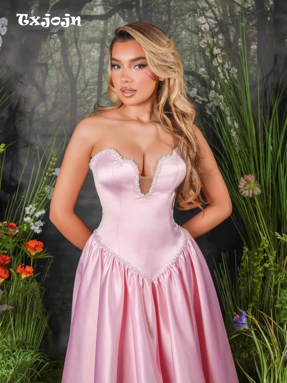 

Light Pink Satin Ball Gown Strapless Sweetheart With Beaded Trim Formal Evening Gown For Wedding Guests Party Dress فساتين سهرة