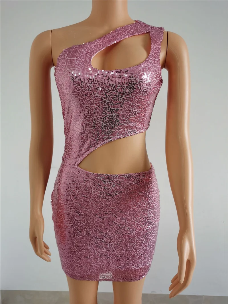 Sexy One Shoulder Sparkly Sequin Dress Women Night Party Hollow Out Sleeveless Mini Dress Elegant Bodycon Christmas Dresses Robe