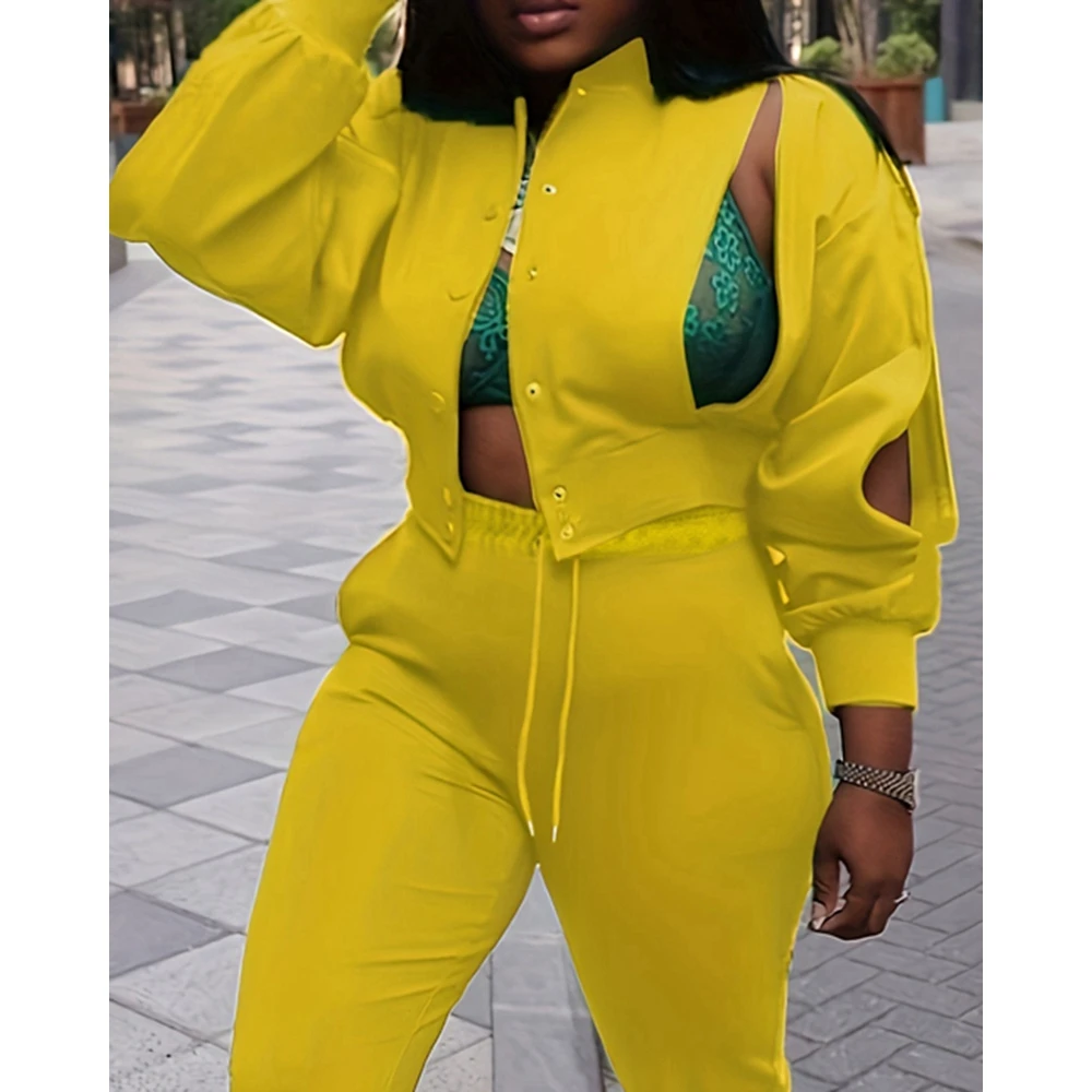 Women Casual 2 PCS Pants Set Slit Design Buttoned Top & Drawstring Cuffed Pants Female Two Piece Suit Sets Outfits Set Sporty