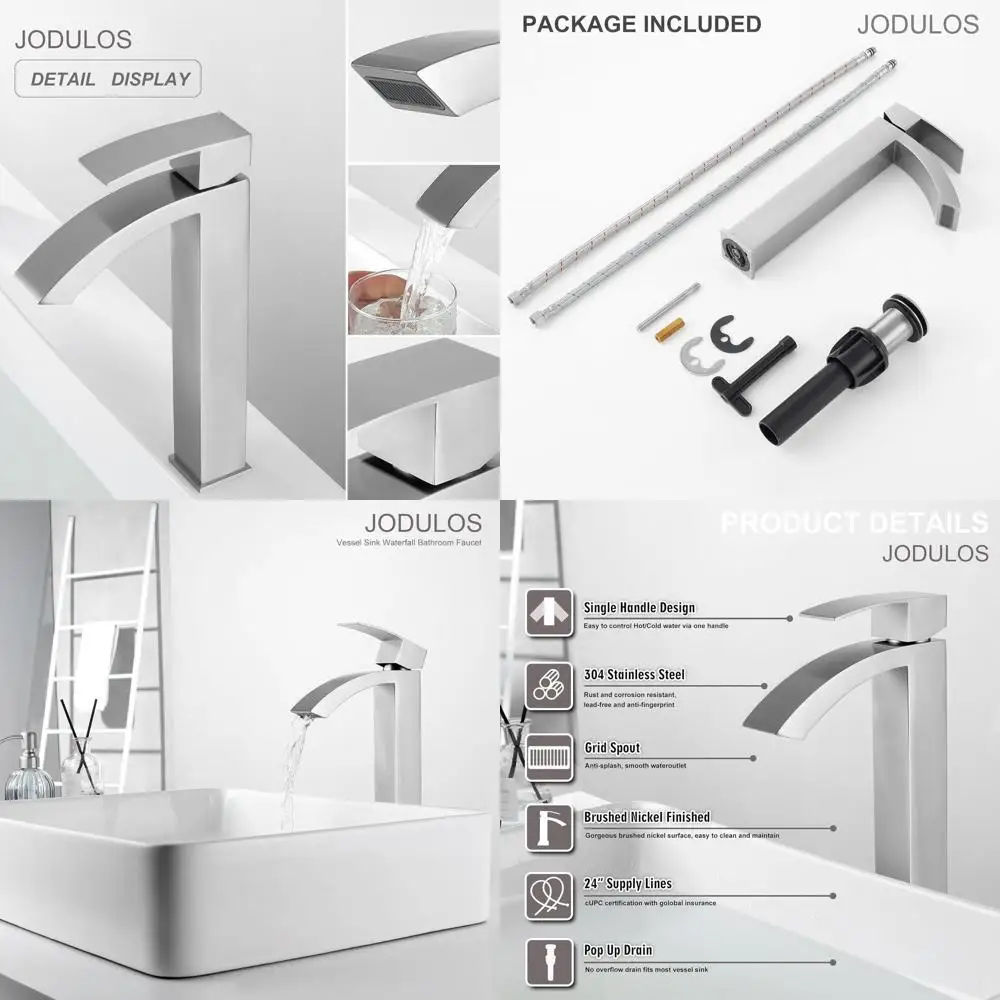 

Single Handle Brushed Nickel Waterfall Faucet for Tall Bathroom Sink with Pop-Up Drain and Supply Hose