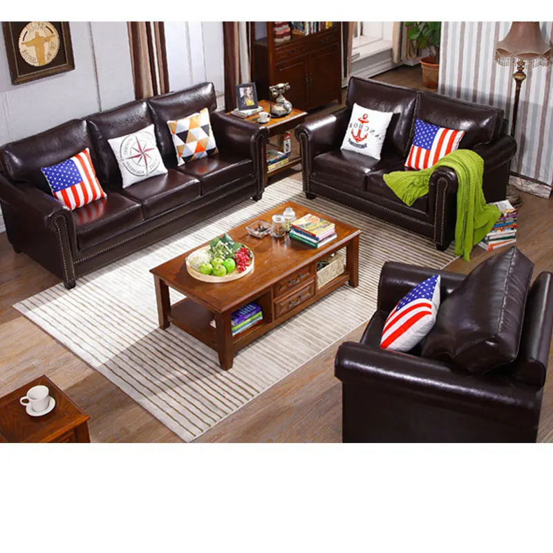 

American genuine leather sofa combination living room set, American light luxury top layer cowhide sofa, solid wood small unit