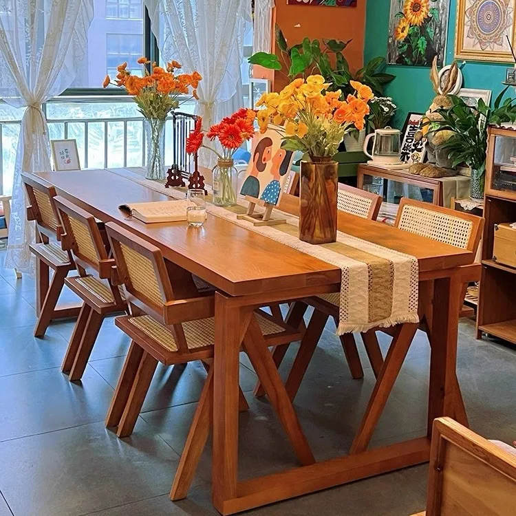 

[Factory] American Mobien multi-person large board dining table, living room long desk workbench, solid wood study table