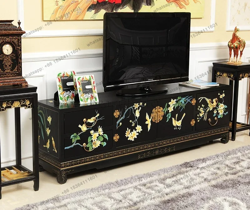 New Chinese-style villa painted floral and bird TV cabinet, minimalist storage base cabinet decoration