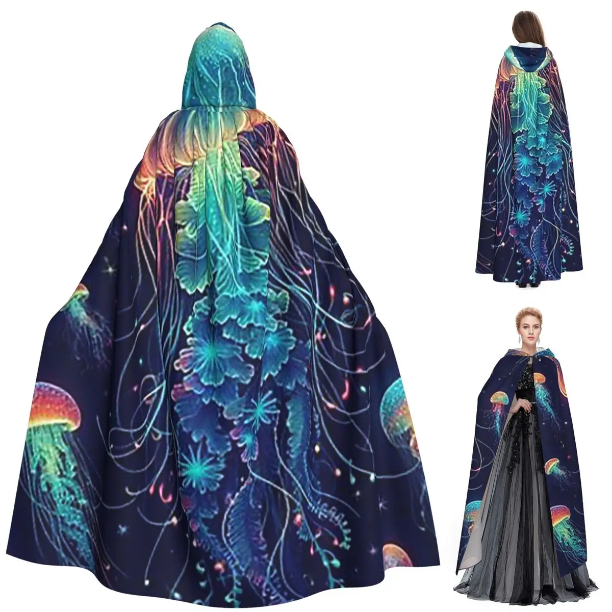 

Люминесцентная Радуга Медуза на темно-синем длинном плаще с капюшоном ведьма средневековый костюм накидка для косплея Хэллоуин вампир для взрослых унисекс