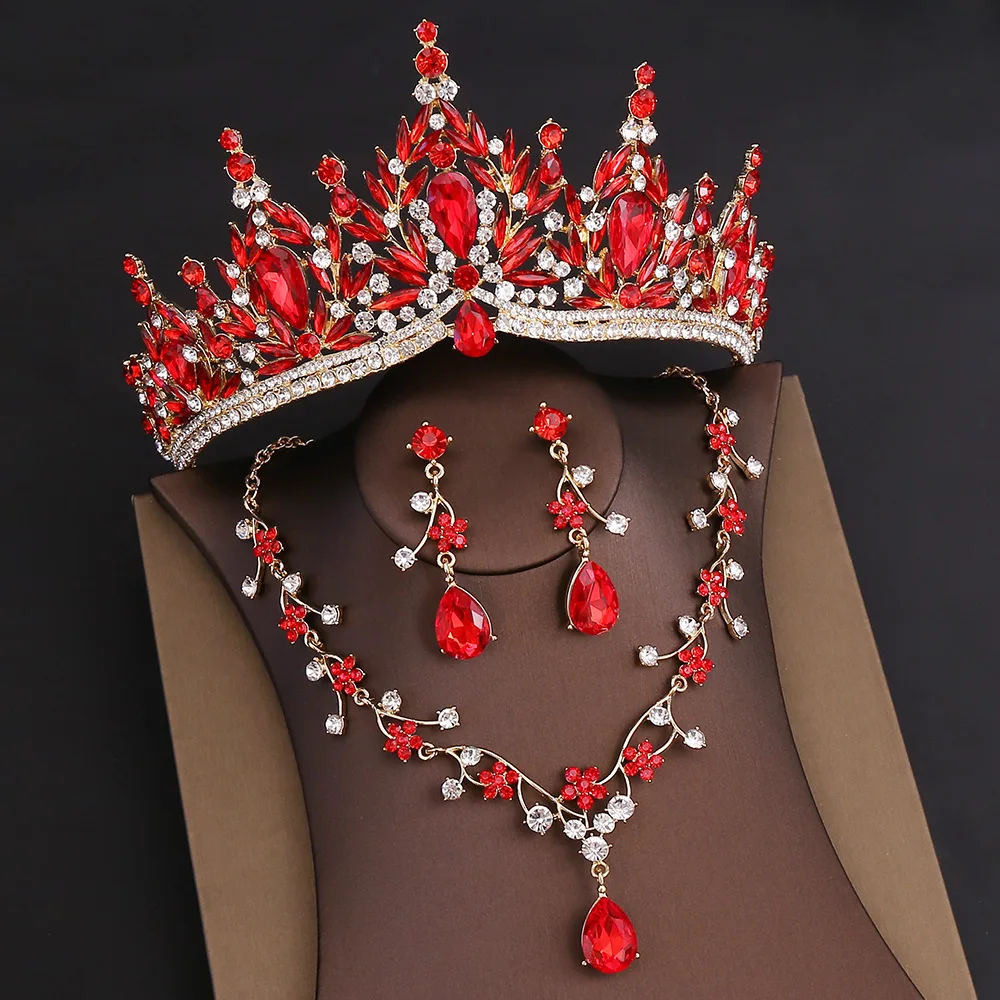 KMVEXO Luxury Colorful Crystal Water Drop Bridal Jewelry Sets Rhinestone Tiara Crown Necklace Earrings Wedding Dubai Jewelry Set