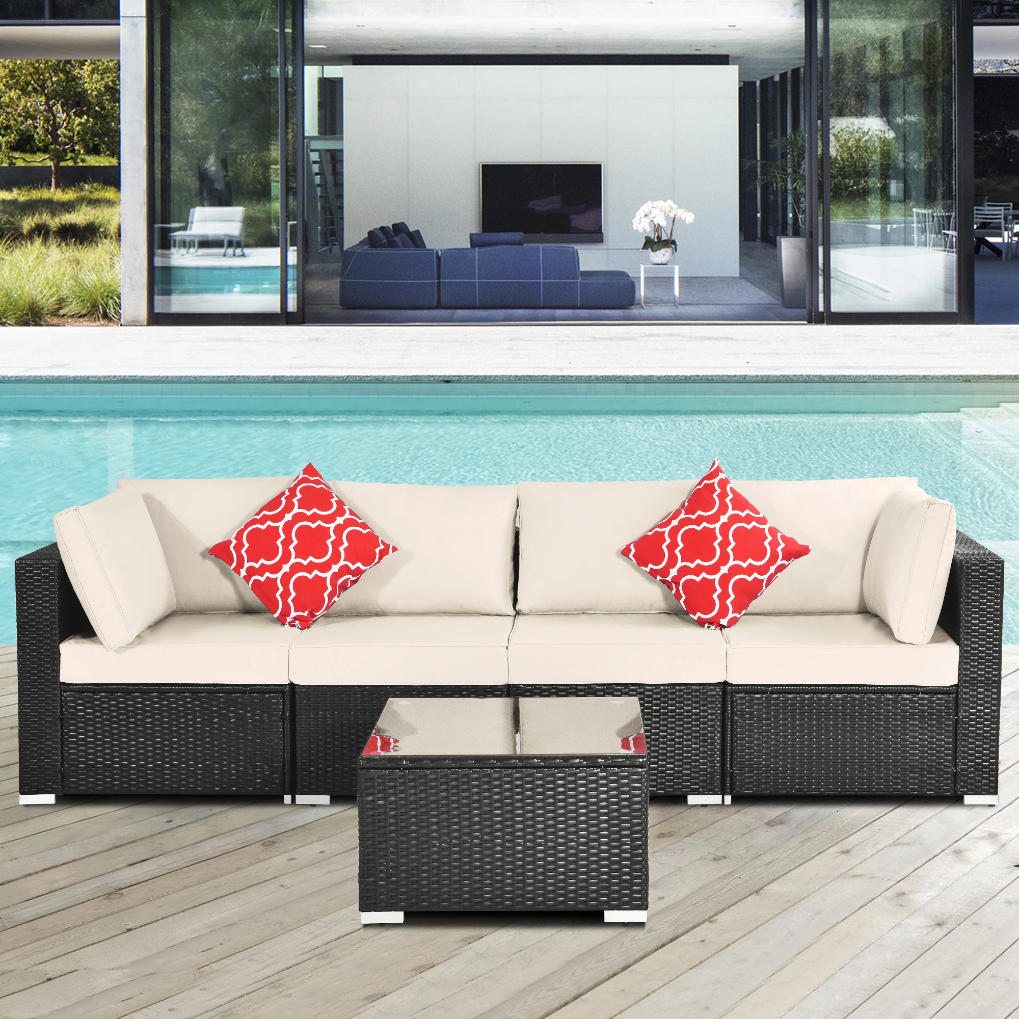 

Outdoor Garden Patio Furniture Set 5-Piece PE Rattan Wicker Sectional Cushioned Sofa Set with 2 Pillows and Coffee Table