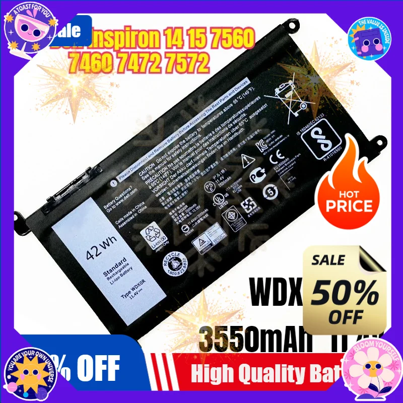 SWZY Battery WDXOR 11.4V 42Wh for Dell Inspiron 14 15 7560 7460 7472 7572 7000 P69G001 5378 5379 5770 5570 P69G Vostro 5471