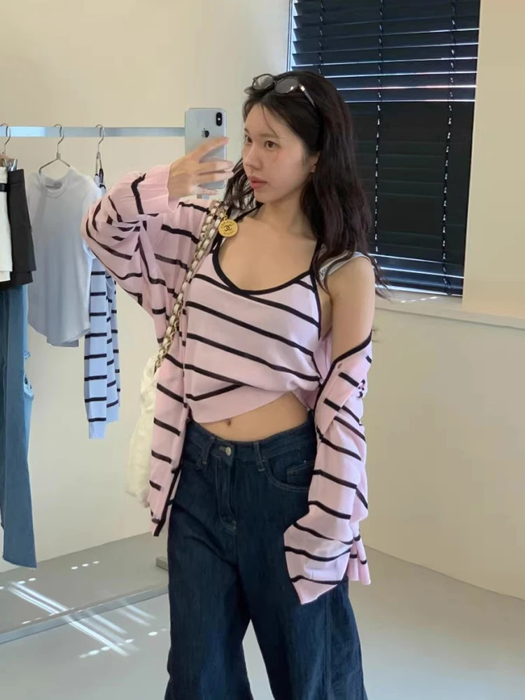 

Liangliang Vintage Striped Knitted Open Cardigan Women's Summer New Korean Sle Anti-Aging Ne Hanging Vest Strap Set