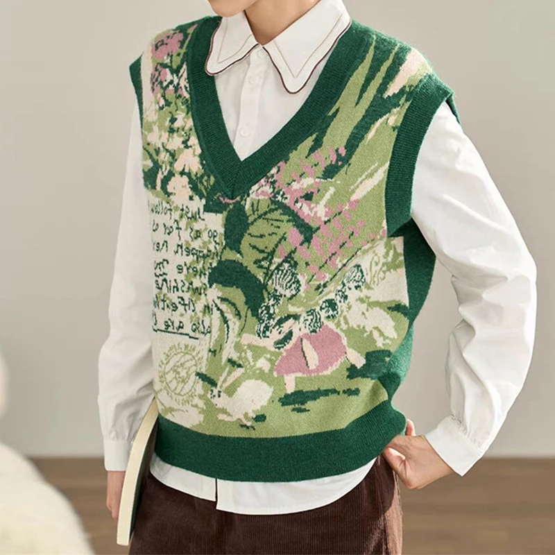 Women Cute Embroider Vest Preppy Style V-neck Green Sweater Vest Pullover Worn Outside Loose Waistcoat Sleeveless Knit Crop Tops