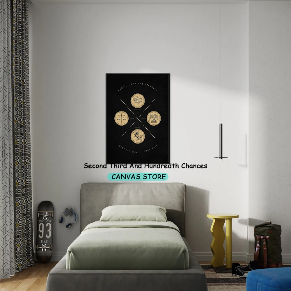 ملصق تحفيزي ذهبي ، مطبوعات قماشية ، ديكور منزلي للمكتب ، شجاعة المدخل ، الاعتدال ، الحكمة ، العدالة #2