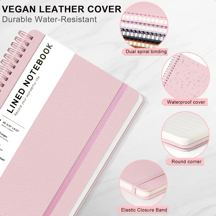 دفتر ملاحظات مُجلّد حلزوني مبطن مقاس A5 دفتر ملاحظات جلدي بغلاف مقوى للعمل مقاس 5.7 بوصة × 8.2 بوصة 100 جرامًا ورق سميك حلزونيًا غير يوميًا