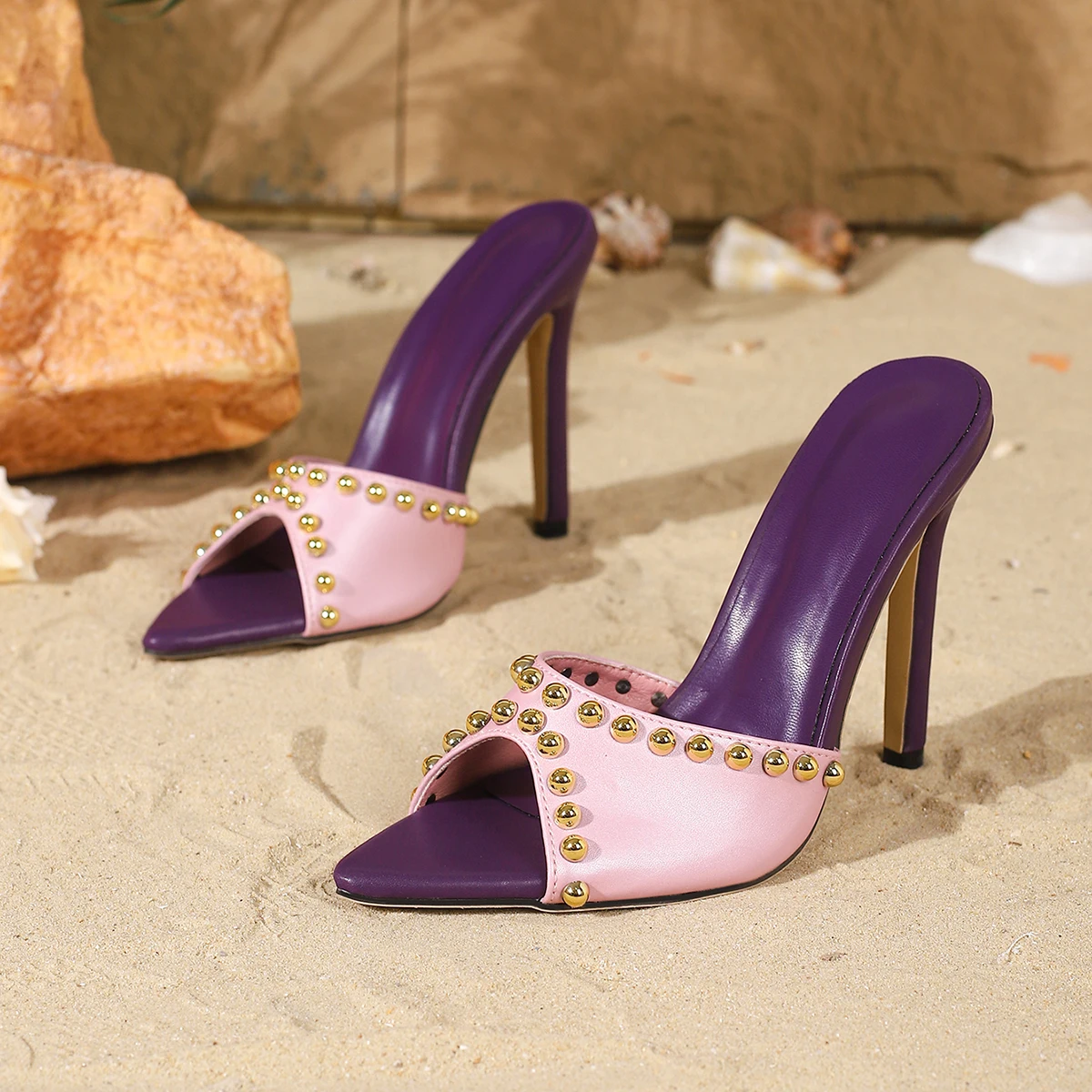 

Women's Pointed Toe Color Block Gold Studded Single Strap Slip‑On Stiletto Heel Mule Sandals,Summer Party Footwear,Drop Shipping