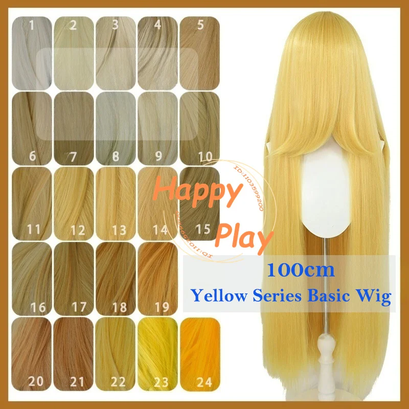 

Синтетический парик для косплея, 500 г, 40 дюймов, 100 см, желтый многоцветный базовый парик с челкой, утолщенный объем, универсальные термостойкие волосы