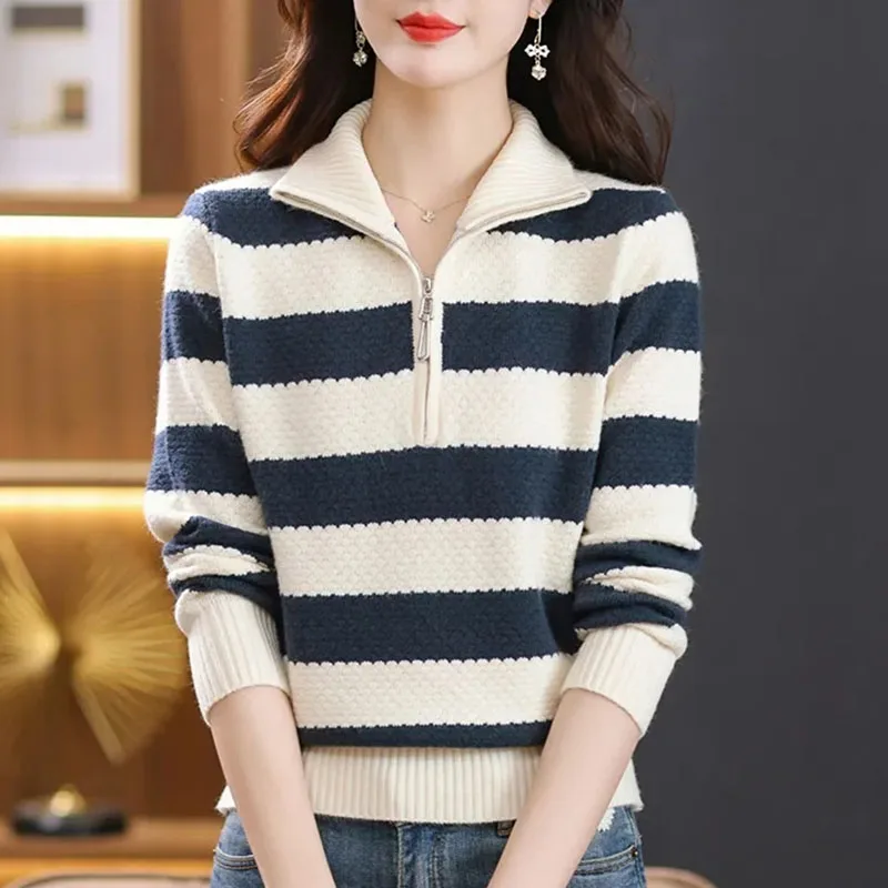 Sweater ritsleting setengah terbuka wanita, pakaian rajut Pullover ukuran besar 4XL gaya Korea musim gugur musim dingin