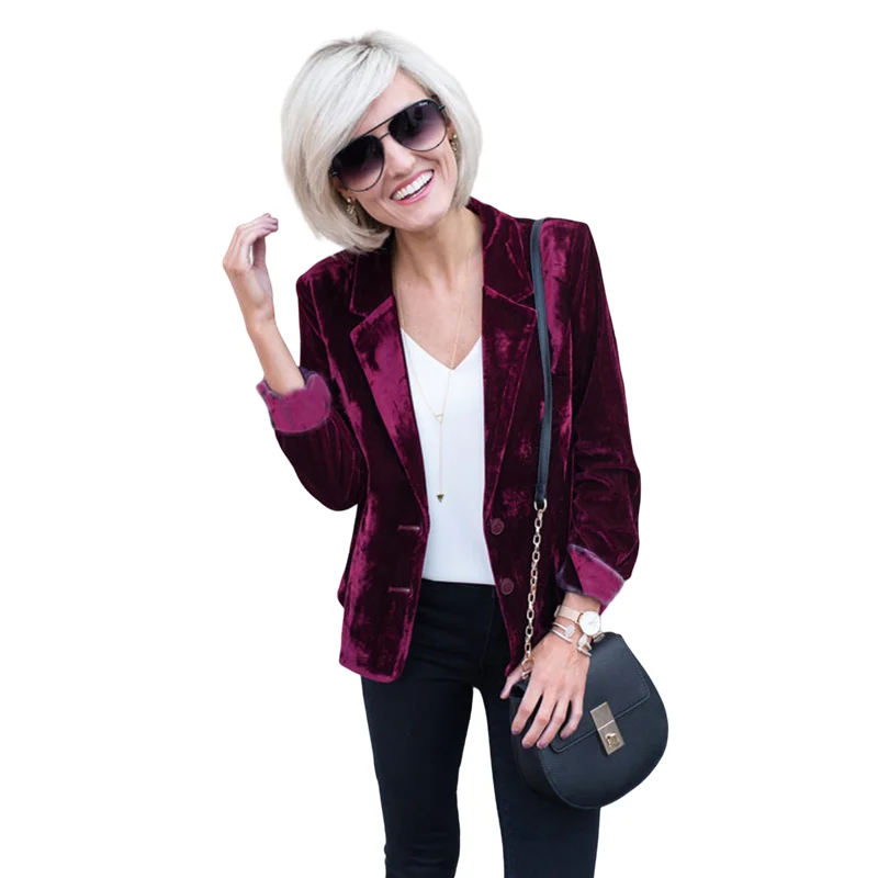 Green Velvet Suit Jacket Office Ladies Jacket Female Elegant Two Buttons Long Sleeve Party Blazer Tops