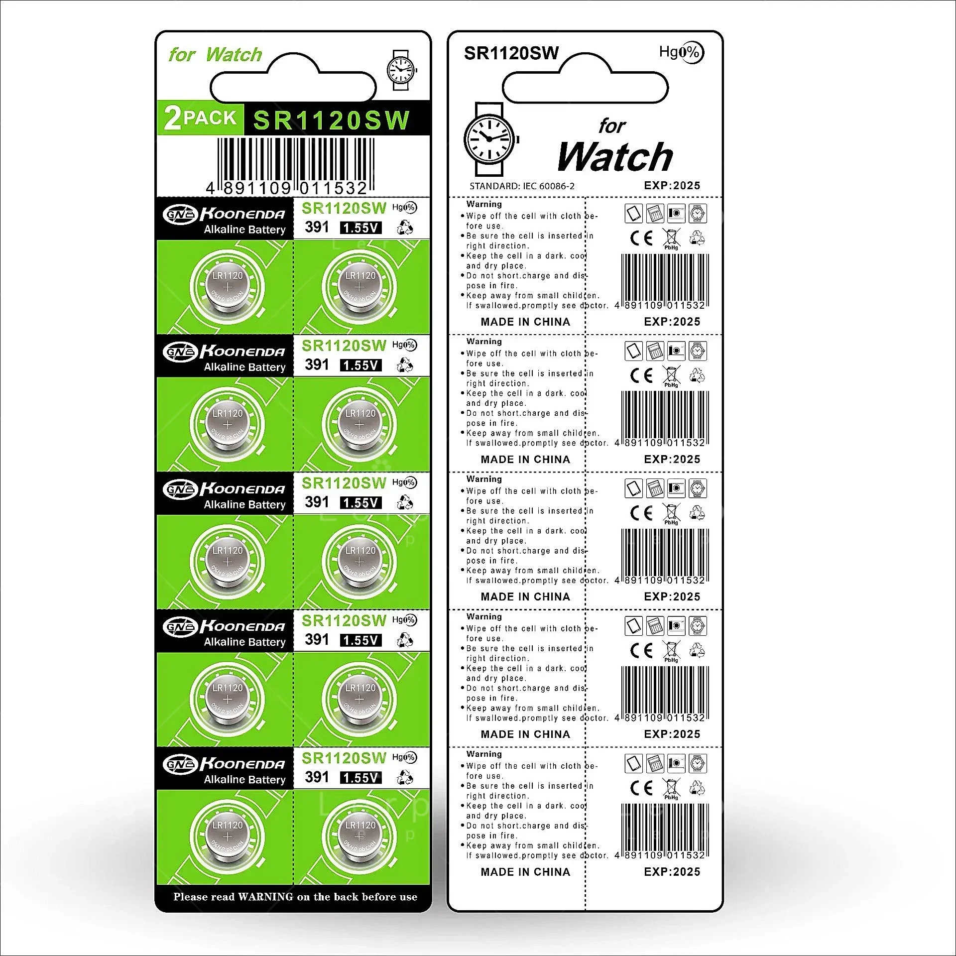 Bateria eletrônica do botão AG8, 391A, SR1120SW, 1.55V, Bateria do botão LR1120