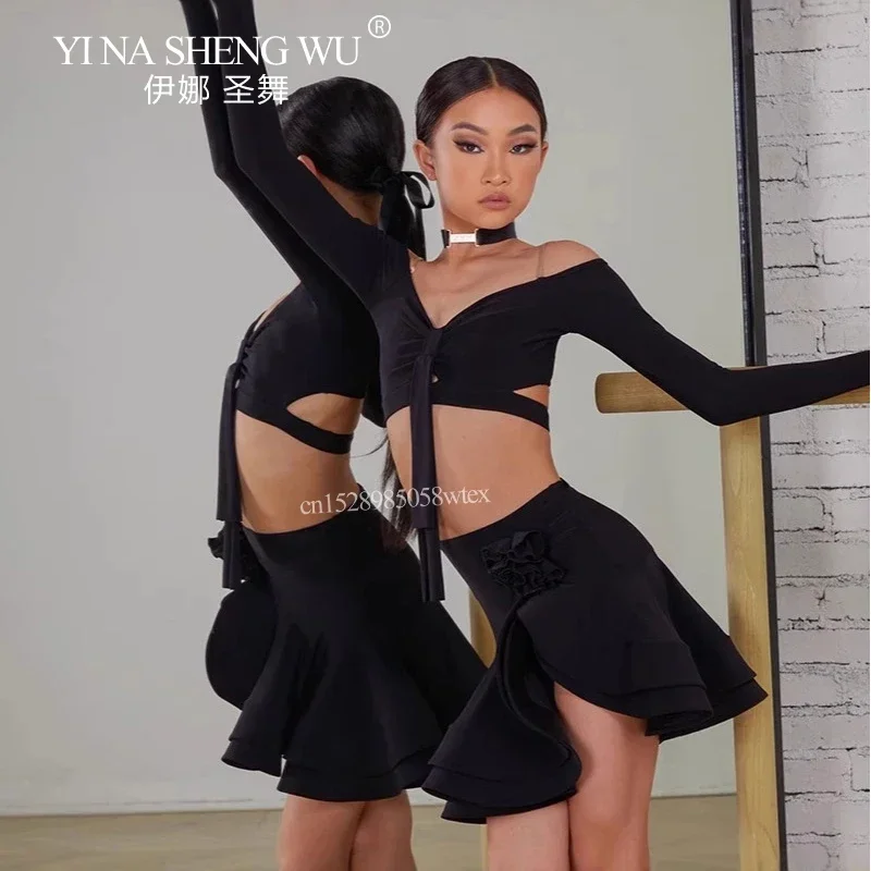 Nuevo conjunto de falda superior de baile latino para niñas, trajes de competición de actuación Cha Samba, falda superior de manga larga con hombros descubiertos, 2 colores
