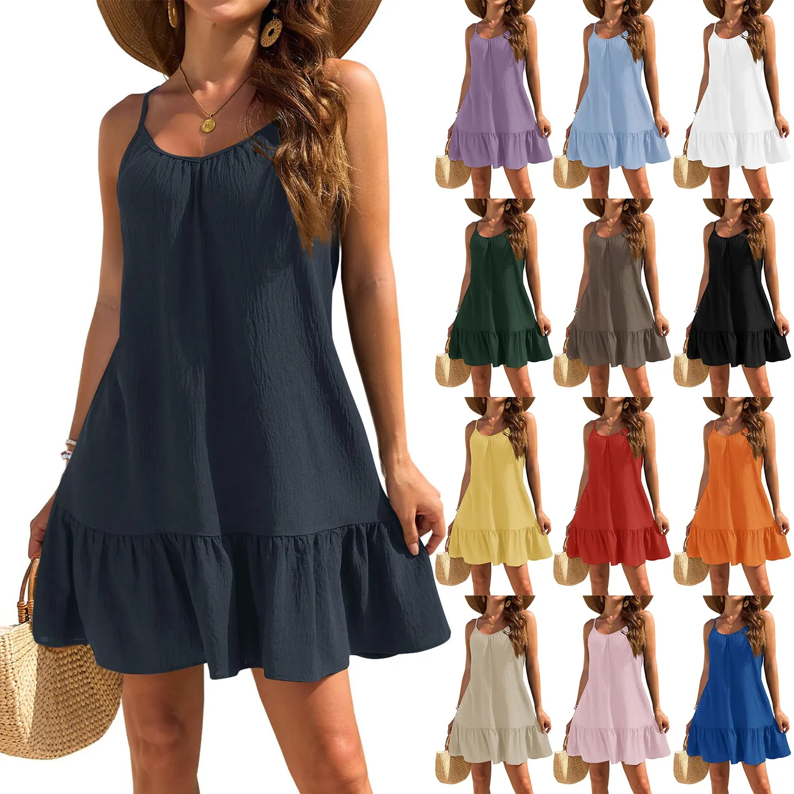 Women Mini Dress Summer Casual V Neck Ruffles A-Line Solid Color Dress Female Holiday Boho Loose Beach Elegant Dresses