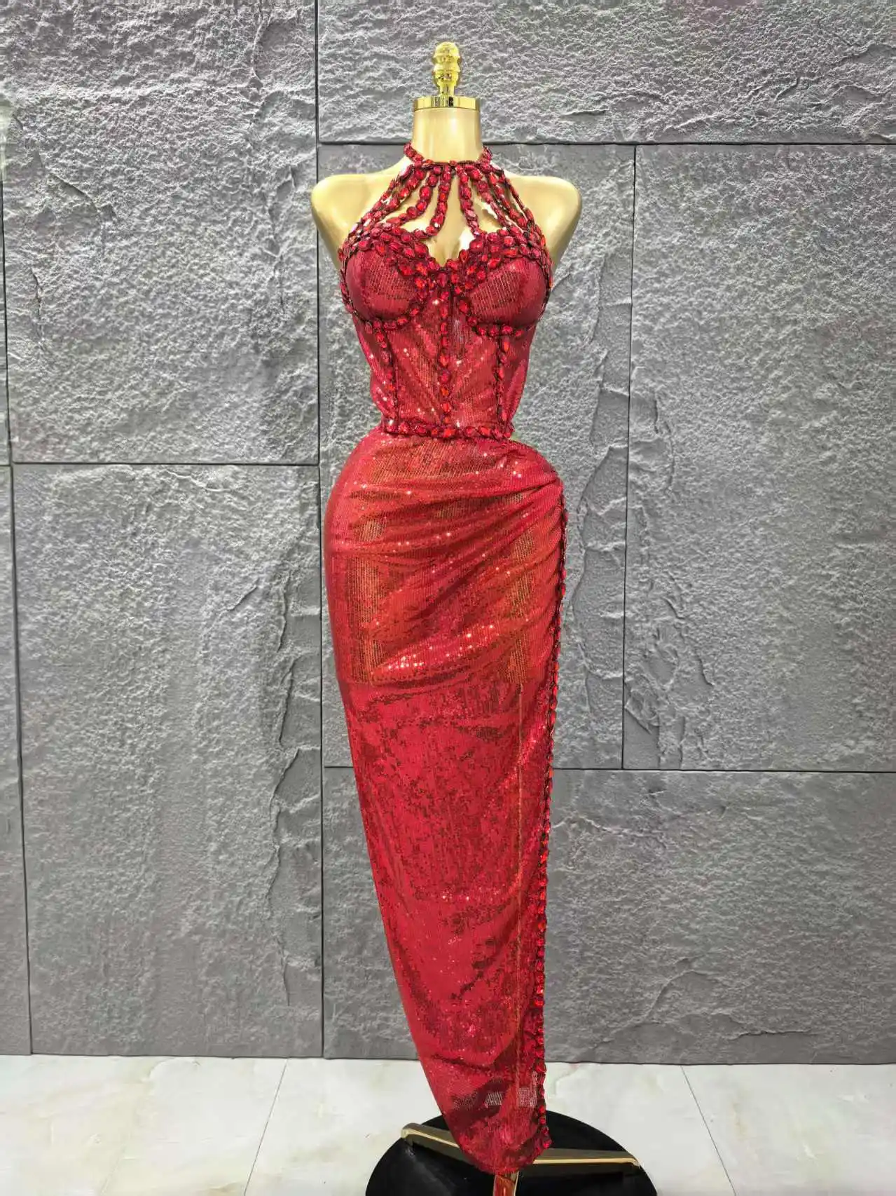 魅力的な豪華な輝くダイヤモンドスパンコールの赤いロングドレス2点セット、新作レディースイブニングドレス、誕生日パーティー、ナイトクラブ、ステージに