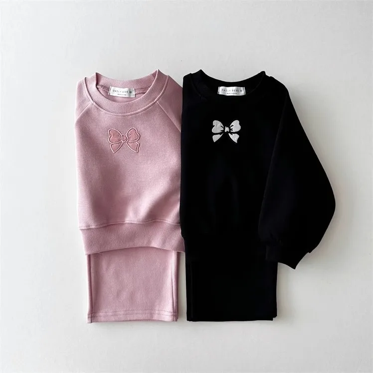 

Ins Korean Version Children's Clothing for Girls and Children Fashionable Embroidered Bow Sweatshirt Wide Leg Pants 2-piece Set