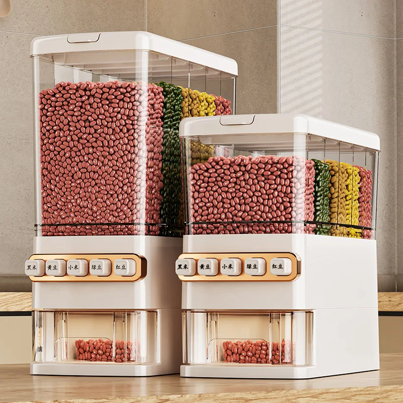 

Диспенсер для риса большой емкости, диспенсер для пищевых продуктов, рисовый барабан, 6 сеток для хранения, диспенсер для сухих продуктов, хранение зерна, коробка для хранения продуктов сухофруктов