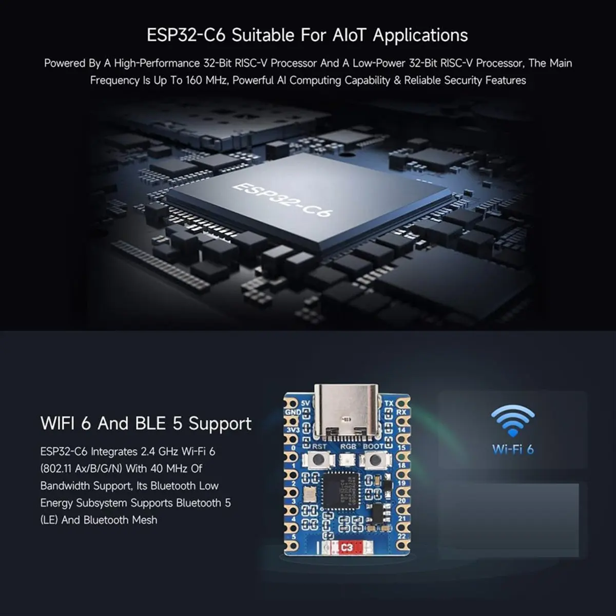 2pcs Development Board -C6 Mini Development Board Based on -C6FH4 Dual Processors 2.4GHz WiFi 6 & BT5