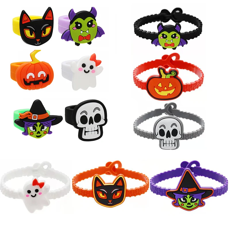 6Pc Children's Halloween Ring Bracelet Wristband Decoration Cartoon Animal PVC  Pumpkin Cat Skull Witch Ghost Bat Hand Jewellery