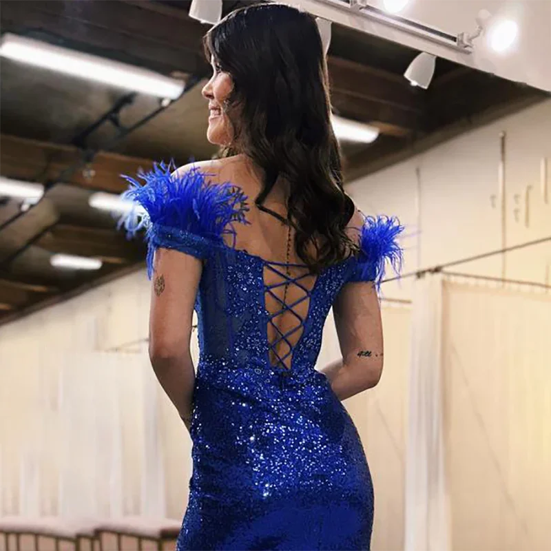 Vestido de noite sem ombro com penas para mulheres, vestidos de baile até o chão, elegante fenda de lantejoulas ilusionista, azul