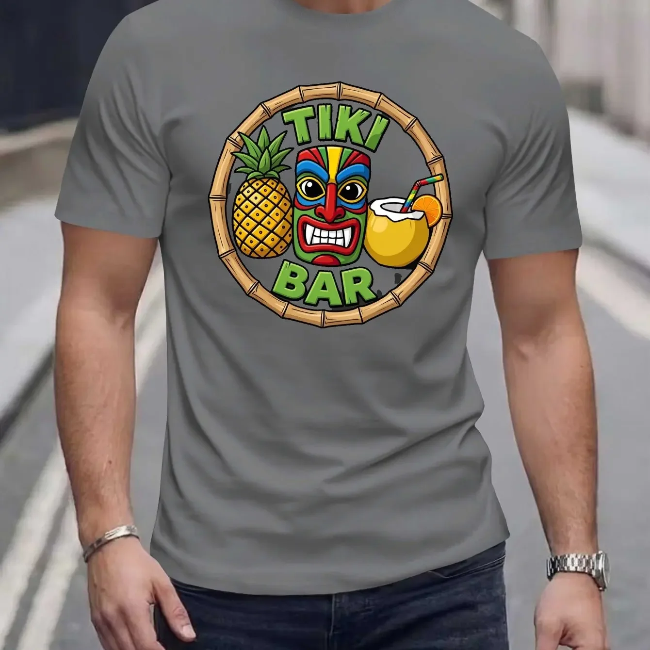 Men Tiki Bar Bamboo Circle Frame Colorful Tiki Mask Pineapple Coconut Cocktail Hawaii Beach Oversized T-Shirt