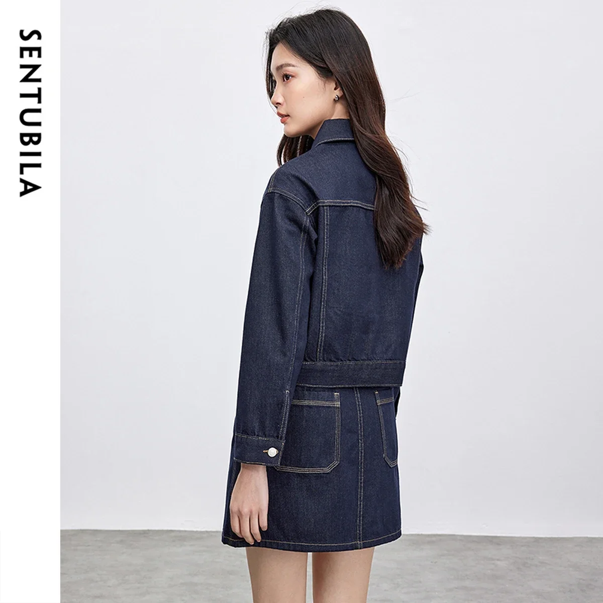 SENTUBILA Set Denim 2 Potong Pakaian Wanita Musim Gugur 2025 Jaket Denim Campuran Katun & Rok Mini A-Line Set Wanita untuk Kerja W51Z80135