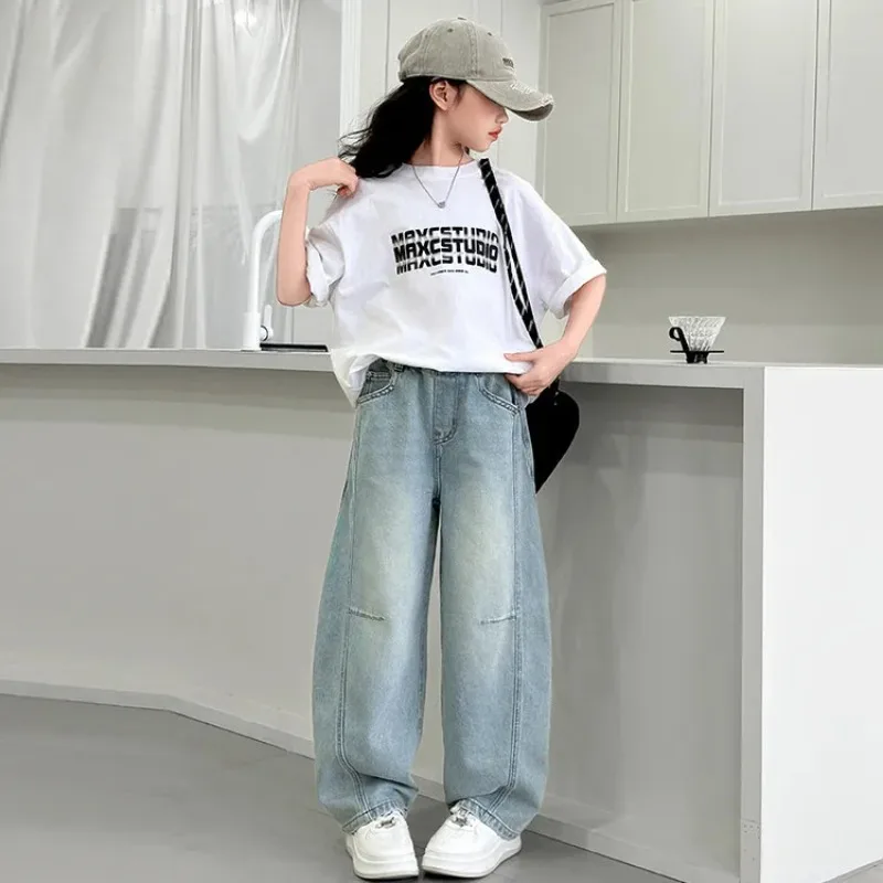 

OLEKID Children Girls Jeans 2026 Infant Babys Girls Elastic Wiast Denim Pants Loose Solid Young Teenager Girls Straight Pants