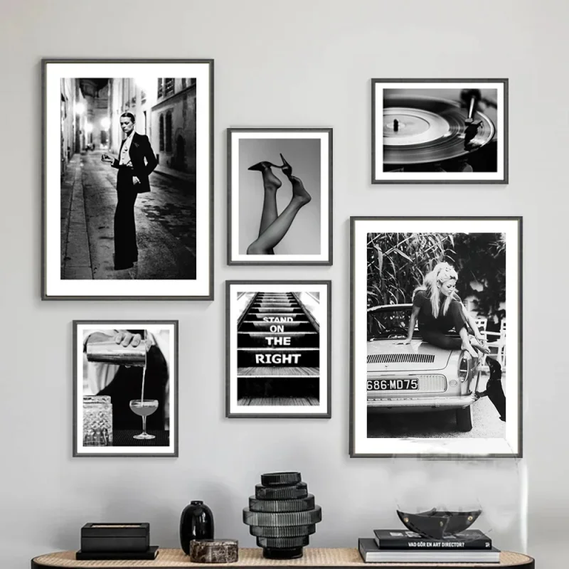 Arte de pared Retro clásico nórdico, zapatos sexis para mujer, fonógrafo blanco y negro, HD, aceite sobre lienzo, carteles e impresiones, regalo de decoración del hogar