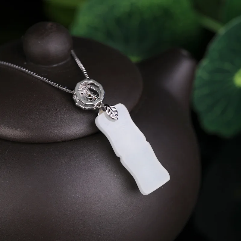 With Certificate of Appraisal New Chinese Style Gold and Silver Color Separation Green Pine Bamboo Section Hetian Jade Pendant F