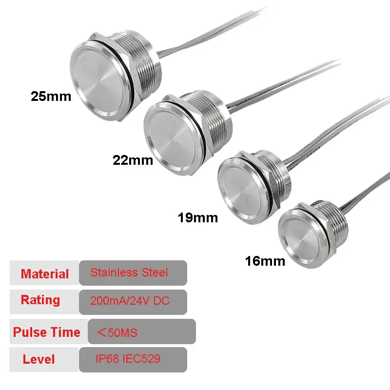 Stainless Steel IP68 Waterproof Piezo Switch 16mm 19mm 22mm 25mm 1NO Self Reset Touch Switch Underwater Push Button