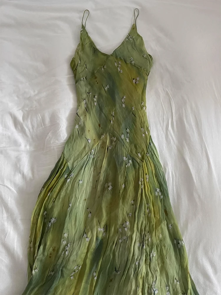 

French Green Print Suspender Dress for Women Long Vintage Dress V-neck Camisole Dress