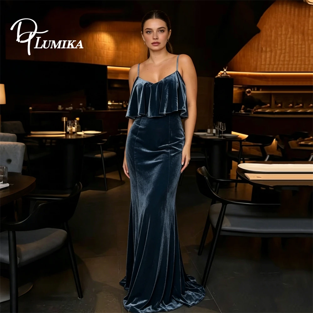 

DTLumika Spaghetti Straps Velvet Long Prom Dress Long Sheath Party Gown Gathering Award Wedding Ceremony Formal Maxi Gown