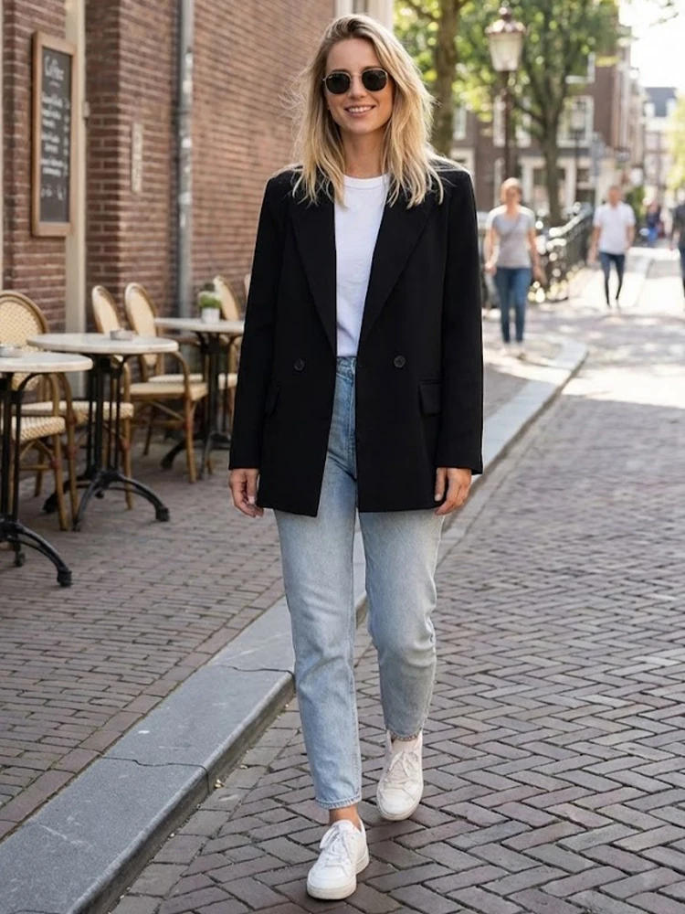 Willshela Women Fashion With Pockets Solid Double Breasted Blazer Vintage Long Sleeves Notched Neck Female Office Lady Outfits