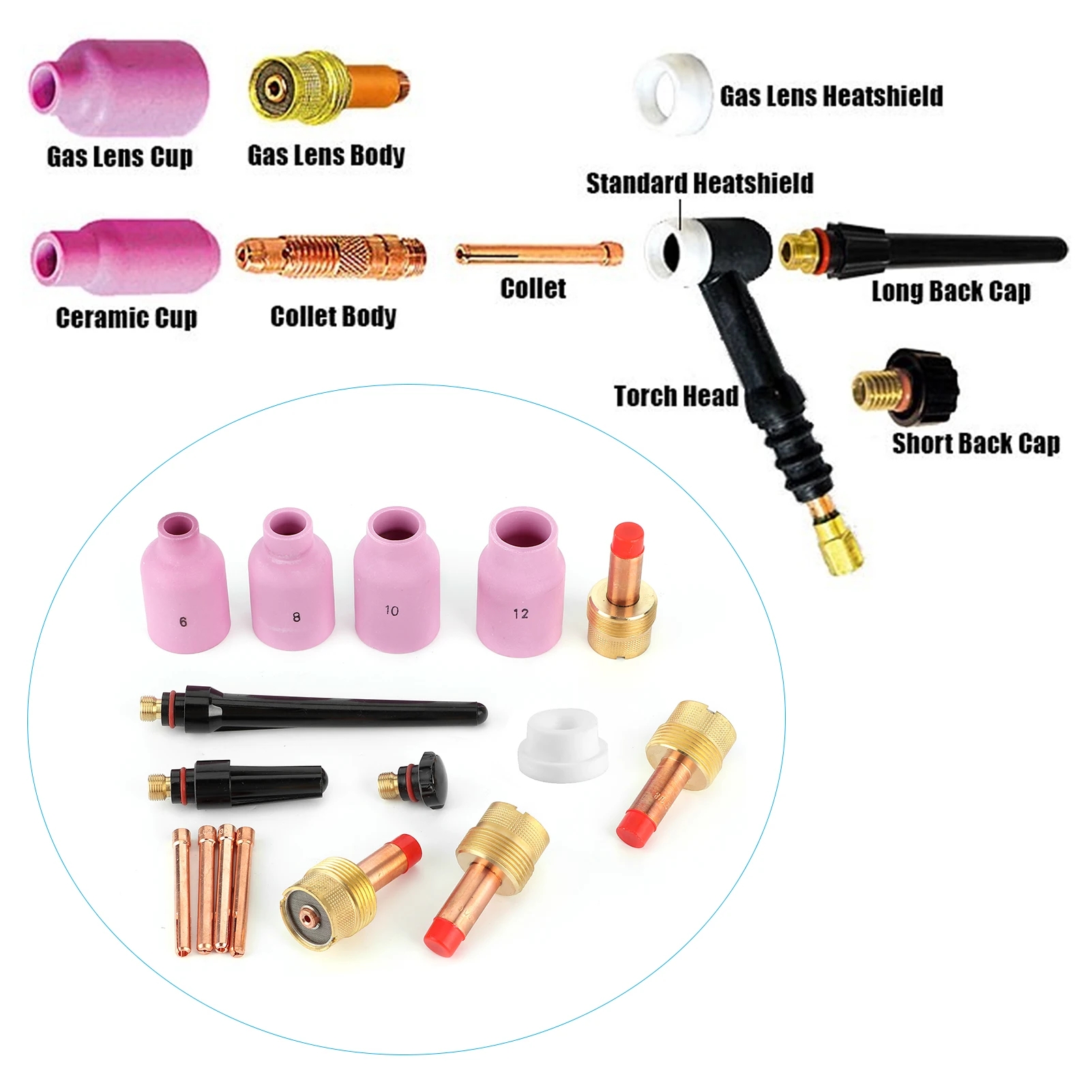 

Welding Torch Nozzle, 16pcs/set Ceramic Nozzle Gas Lens Kit TIG Welding Gun Consumables for Torch 17/18/26