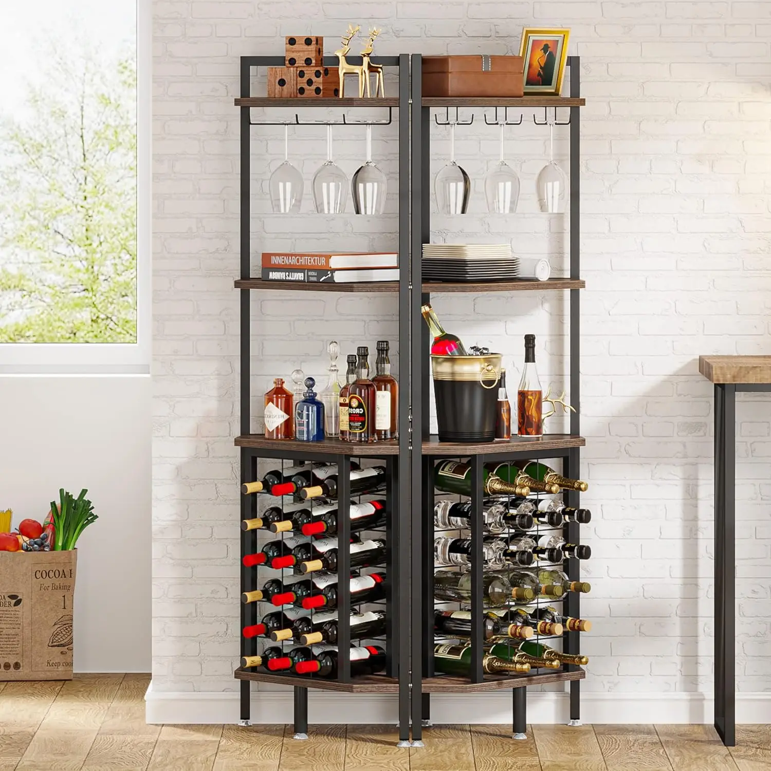 Corner Wine Rack with Glass Holder and Storage Shelves, 4 Tier Bar Corner Wine Cabinet, Industrial Wine Shelf for Living Room