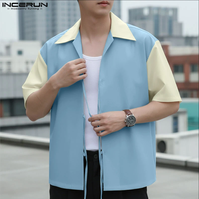 

INCERUN Мужская рубашка в стиле пэчворк с лацканами и коротким рукавом на шнуровке Мужская одежда Свободная уличная одежда в корейском стиле Модные повседневные мужские рубашки