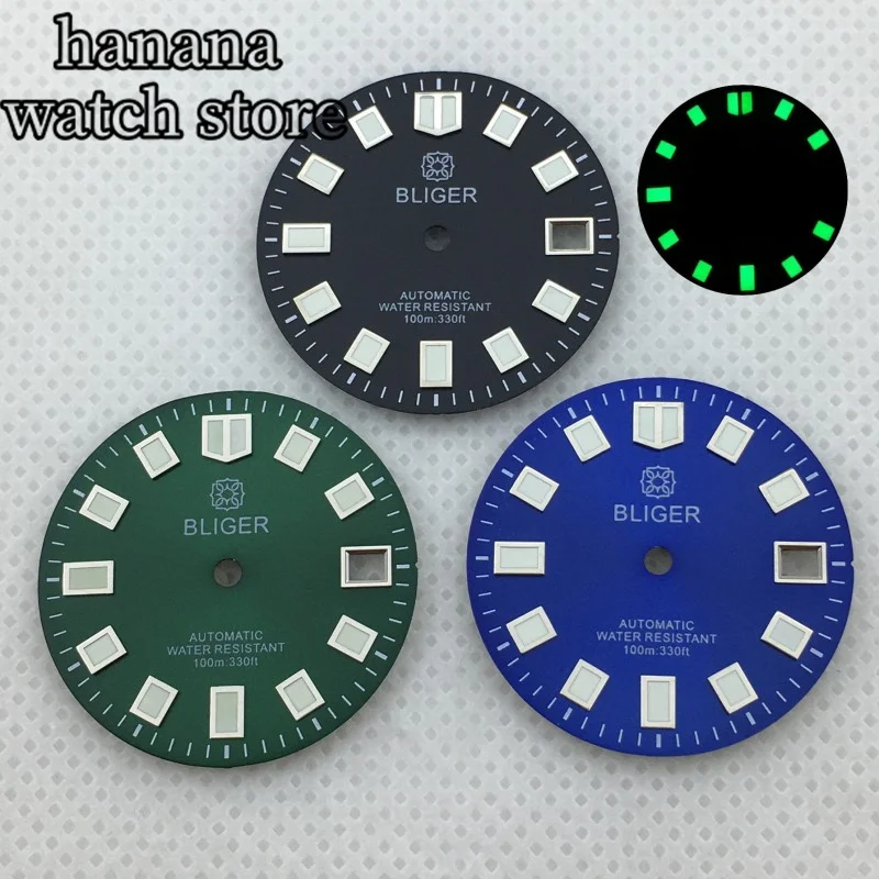 قرص ساعة BLIGER 29 ملم أزرق أخضر أسود مناسب لحركة NH35 NH36 أخضر مضيء