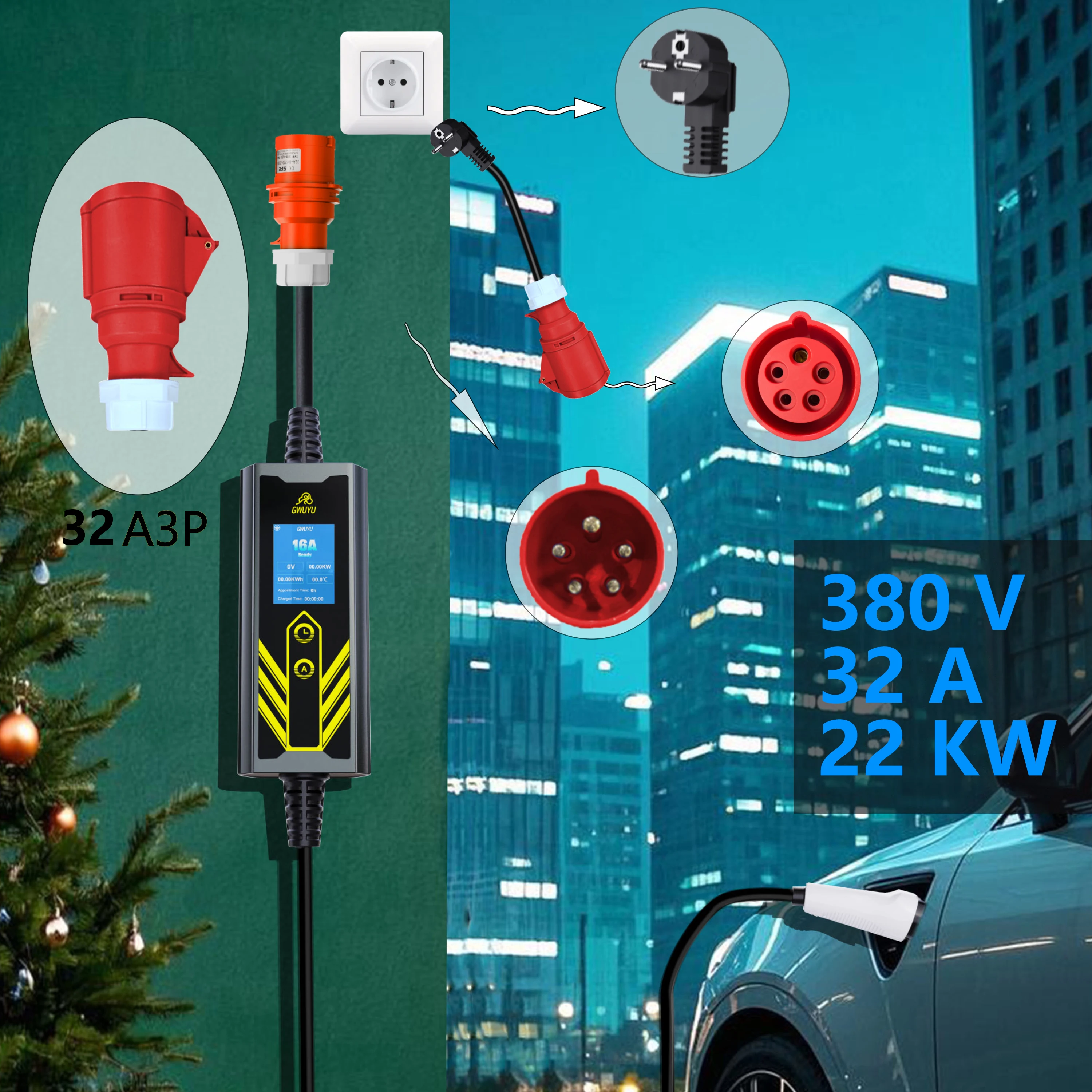 GWUYU EV Charger  Plug to CEE Red Power Female Plug 5 Pins Socket Adapter Connect with 32A 22KW -Z-3.5KW Portable Charger