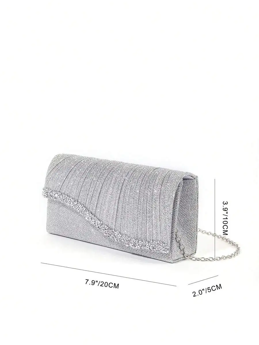 

Elegant Silver Glitter Foldable Clutch With Rhinestone Trim And Chain Strap For Evening Wedding Prom Events