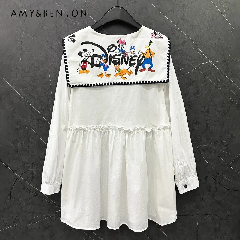 

Beautiful New Cute Cartoon Navy Collar Long Sleeves Shirt Dress Ladies Loose Casual Sweet Mid-Length Top Single-Breasted Blusas