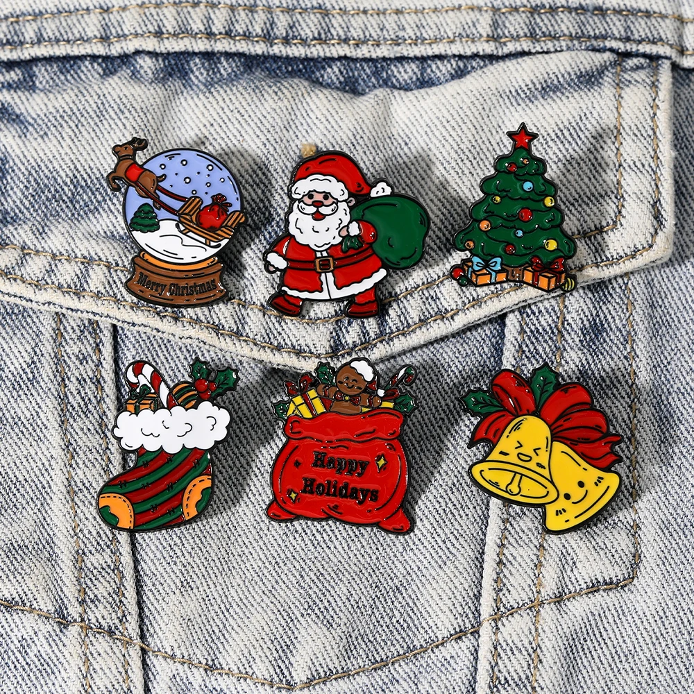 6Styles Christmas Theme Enamel Pins Happy Holiday Santa Claus Bells Trees Sock Shaped Brooches Xmas Gift