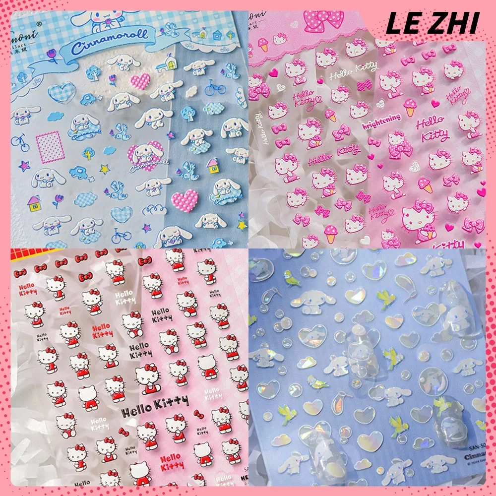 Kawaii Cartoon 5D Nail Accessories Sticker Embossed Design Hello Kitty Cinnamoroll Mymelody Cute Diy Manicure Party Sticker