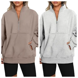 Stand Collar Casual Sweatshirts Half Zip Women Cropped Pullover Thumb Hole Overzised Hoodie Solid Color Plus Size Sports Outfit