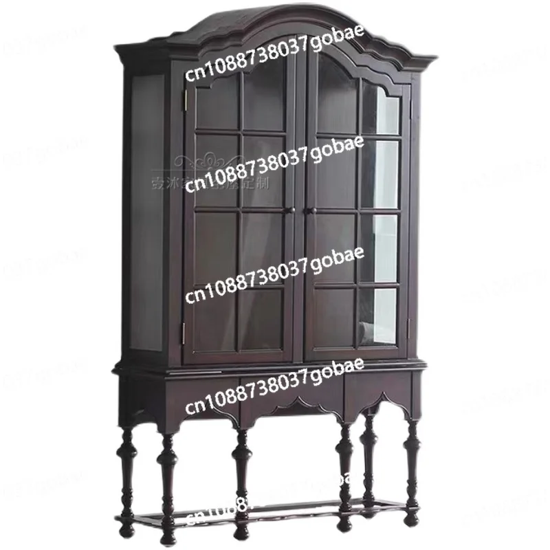 ZK Solid Wood Wine Cabinet Living Room Double Door Display Cabinet Made of Glass Retro Distressed Cupboard